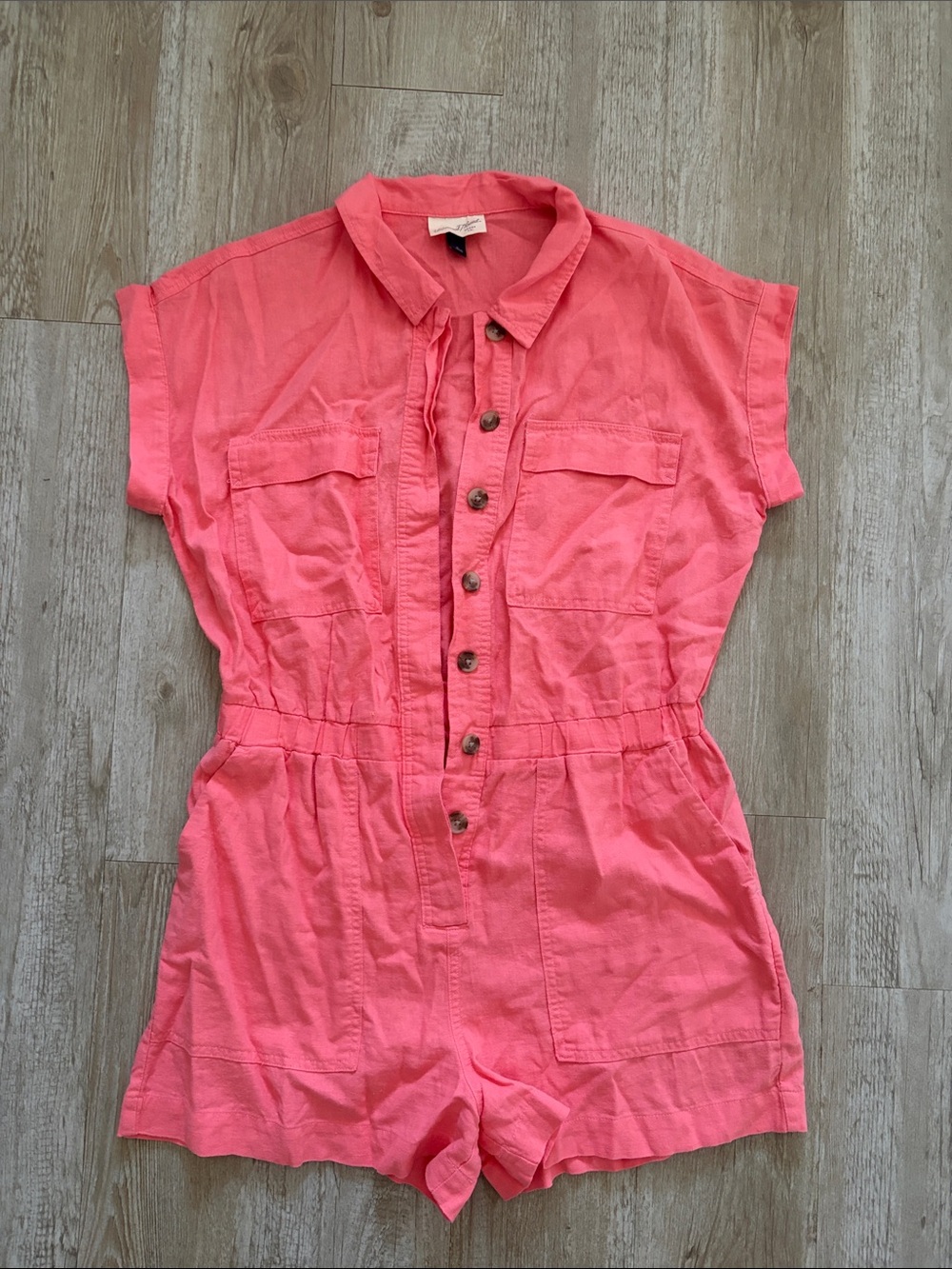Coral Button-Front Linen Blend Utility Romper